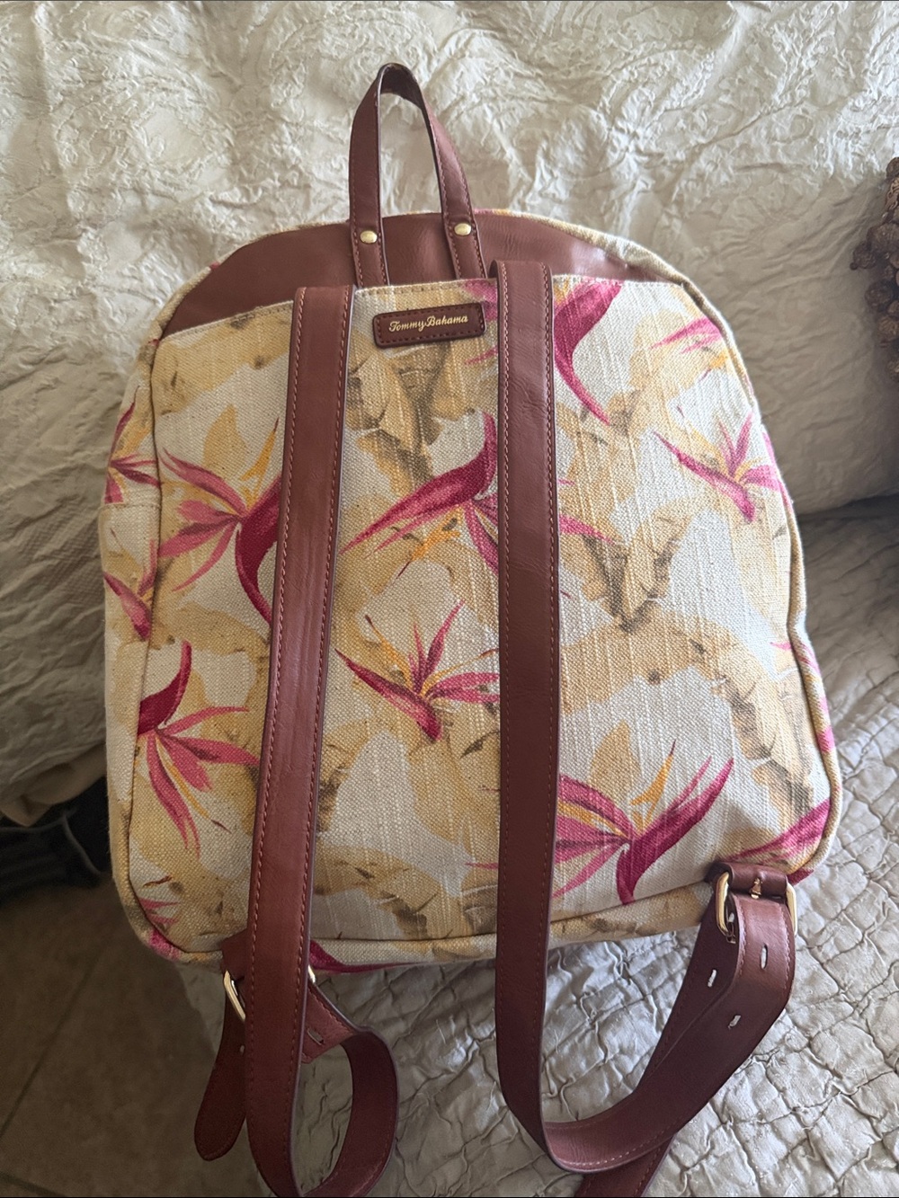 Tommy Bahamas linen blend and brown leather trim bird of paradise back pack